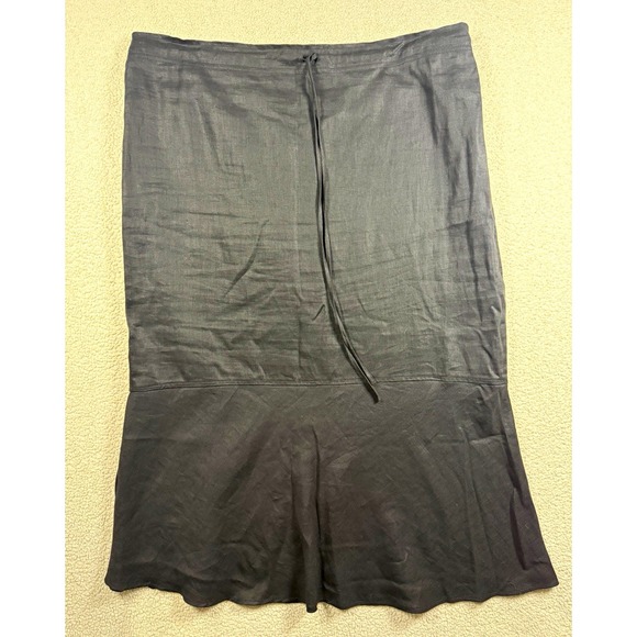 Pants - Womens Black Linen Maxi Skirt Drawstring Waist Flounce Hem Boho Unbranded
